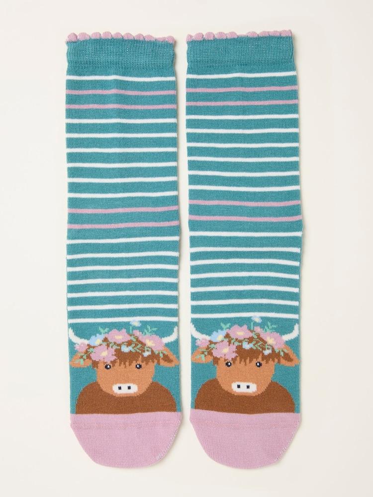 Fat Face Green Highland Cow Socks