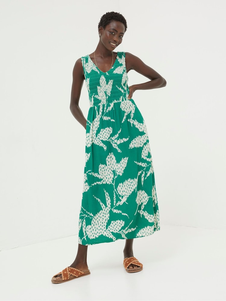 Fat Face Green Textured Leaves Midi Dress