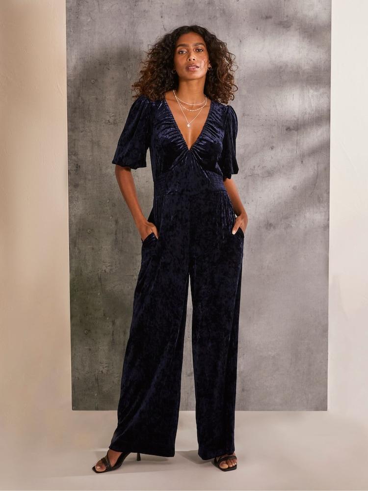 Fat Face Greta Blue Velvet Jumpsuit