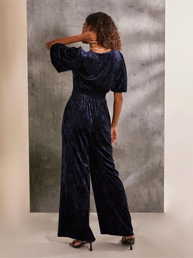 Fat Face Greta Blue Velvet Jumpsuit