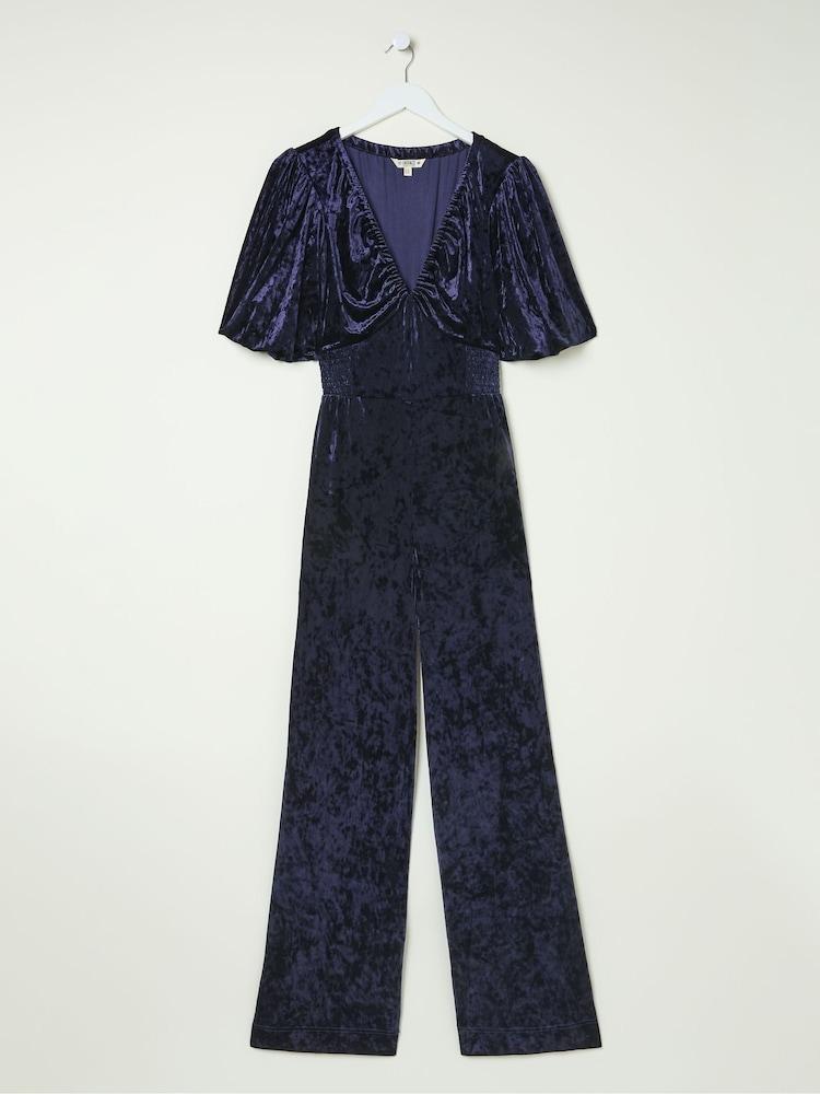fat face Greta Blue Velvet Jumpsuit
