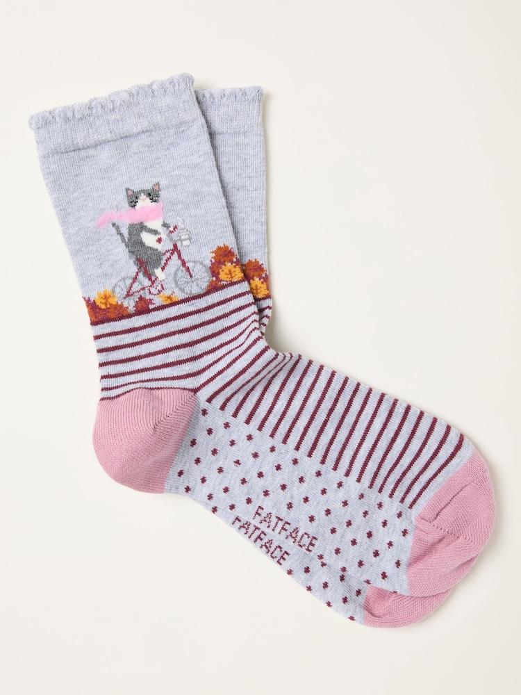 Fat Face Grey Cat Riding Bike Socks