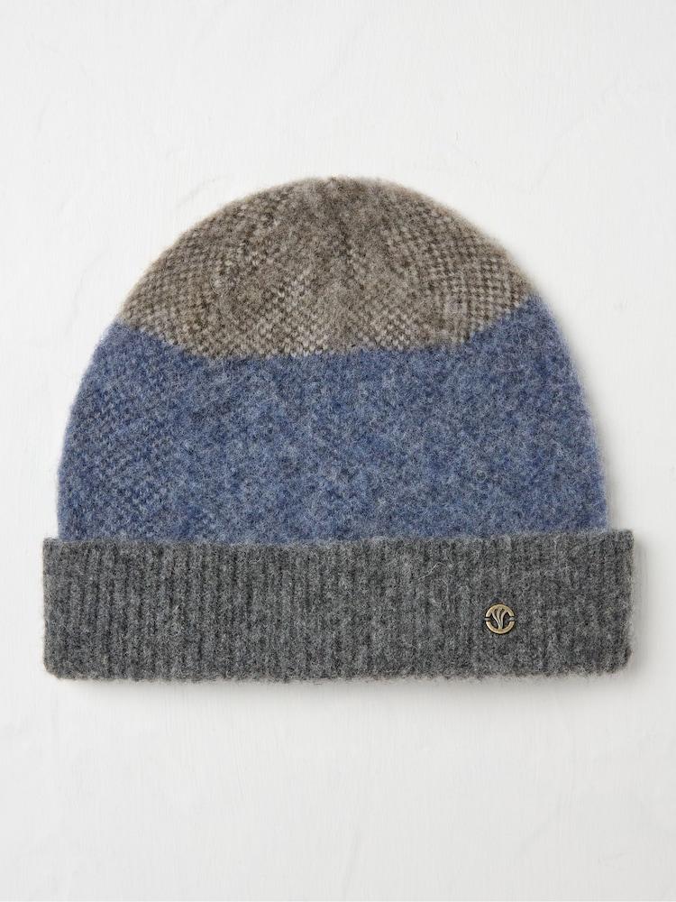 fat face Grey Lambswool Colourblock Beanie Hat