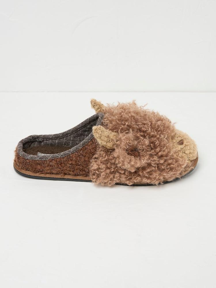 Fat Face Hamish Brown Highland Cow Slippers