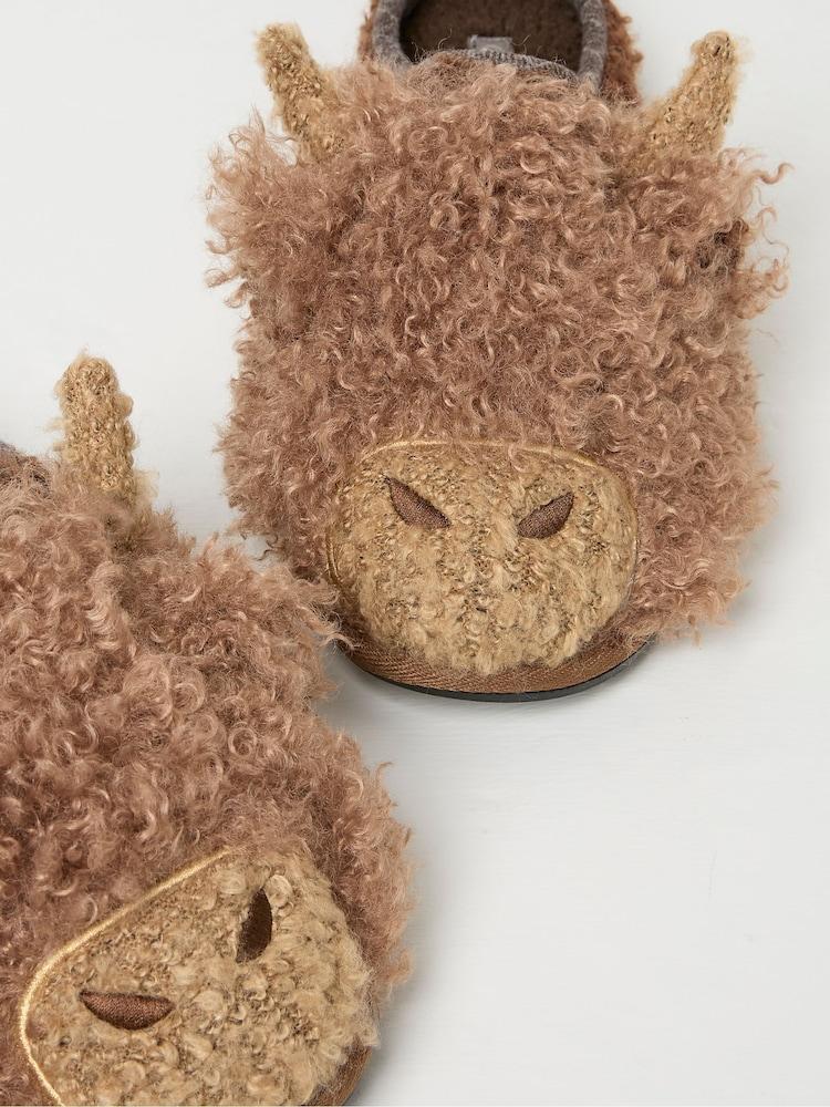 Fat Face Hamish Brown Highland Cow Slippers