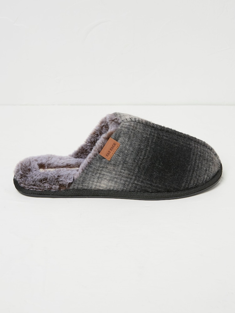 Fat Face Harvey Black Check Mule Slippers