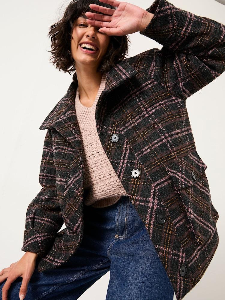 Fat Face Heather Navy Check Coat