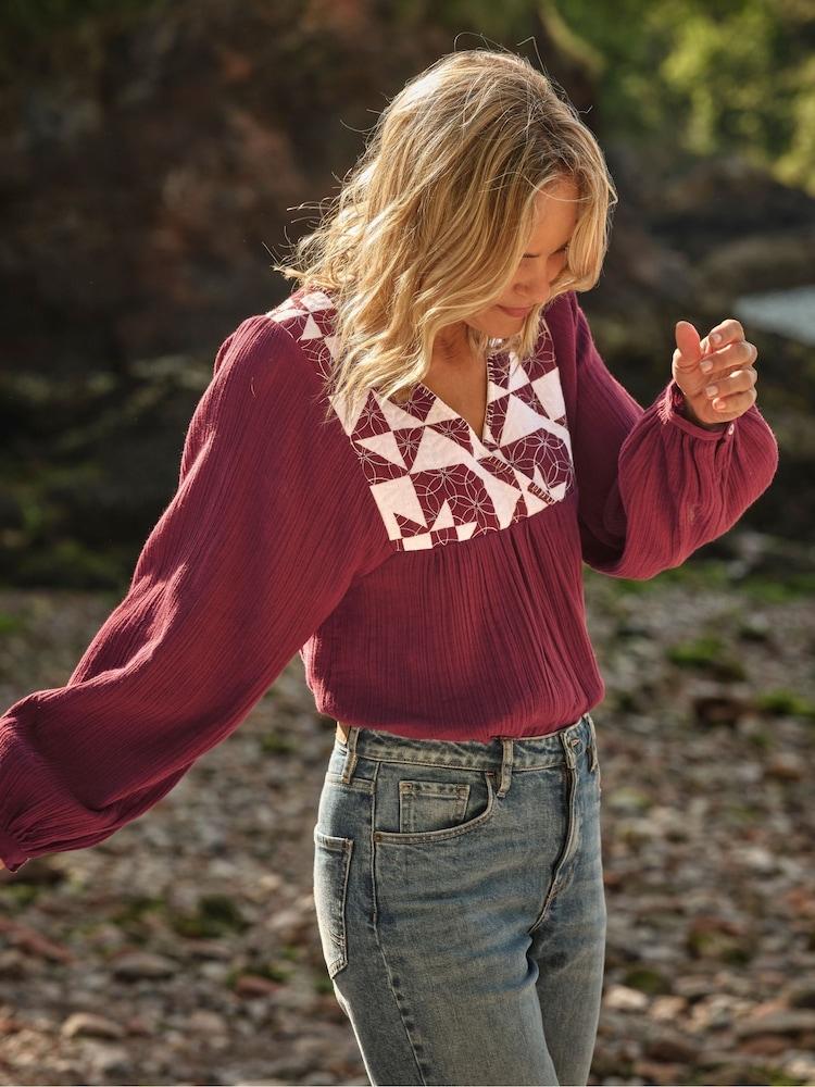 Fat Face Helena Dark Red Patchwork Blouse