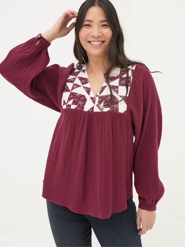Fat Face Helena Dark Red Patchwork Blouse