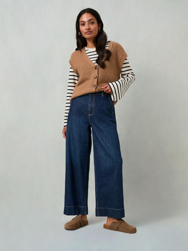 Fat Face Hove Denim Dark Blue Wide Leg Crop Jeans
