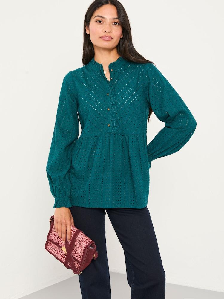 Fat Face Ina Dark Teal Broderie Blouse