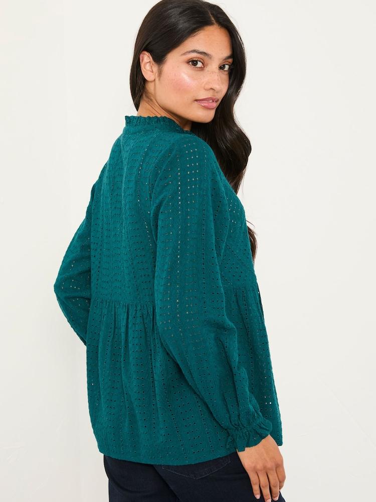 Fat Face Ina Dark Teal Broderie Blouse