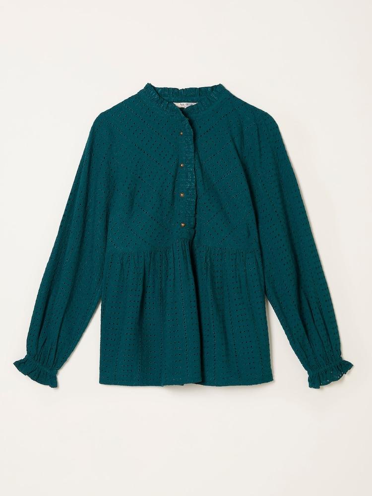 fat face Ina Dark Teal Broderie Blouse