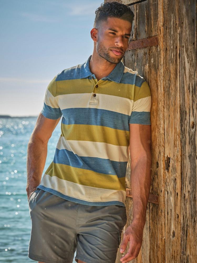 Fat Face Indigo Blue Block Stripe Polo