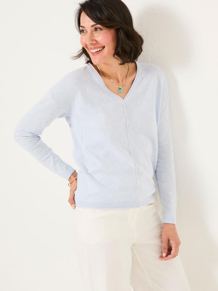 Fat Face Iris Light Blue V-Neck Knitted Jumper