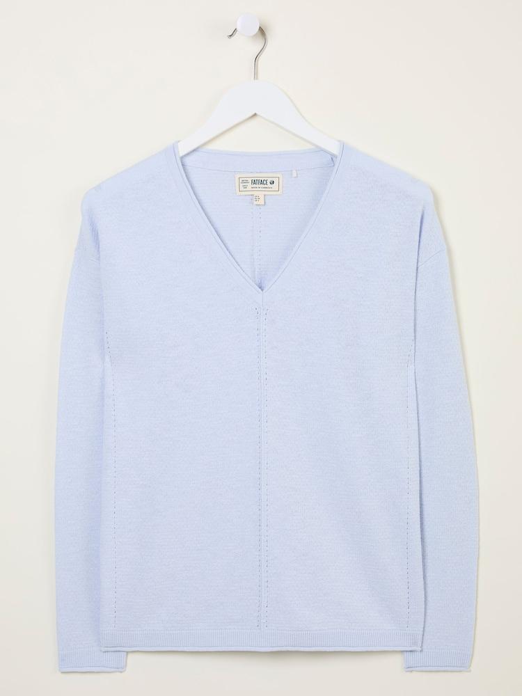 fat face Iris Light Blue V-Neck Knitted Jumper