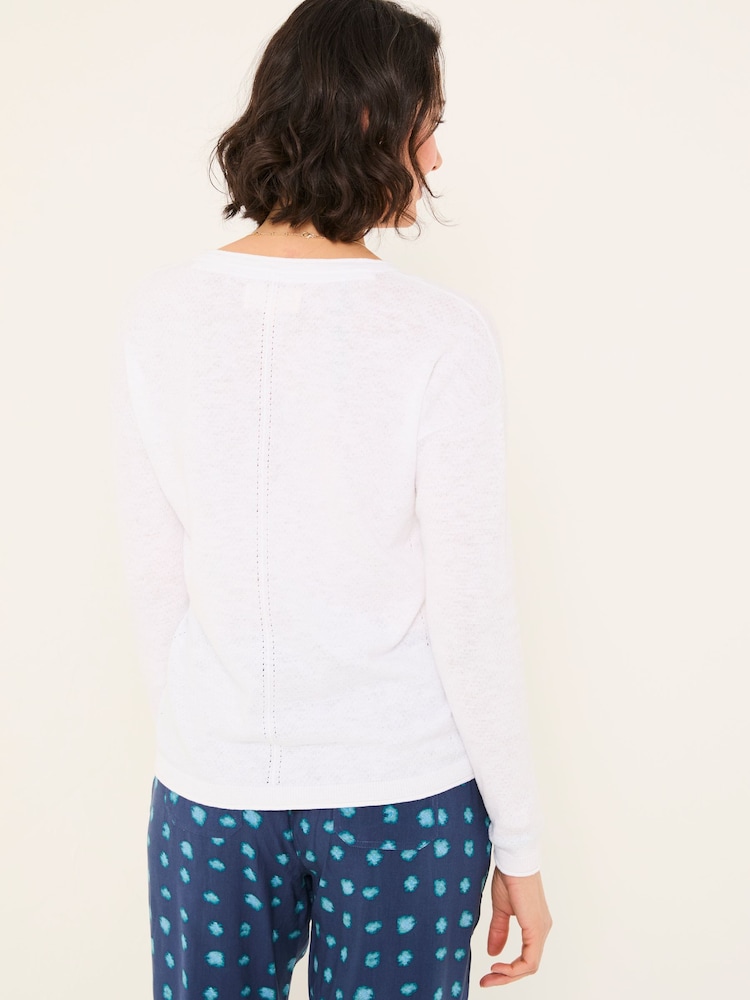 Fat Face Iris White V-Neck Knitted Jumper