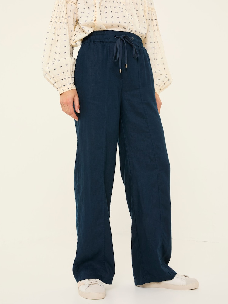 Fat Face Iva Navy Wide Leg Linen Trousers