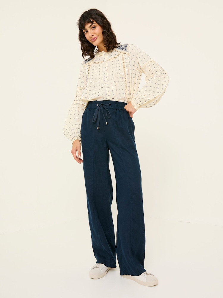 Fat Face Iva Navy Wide Leg Linen Trousers