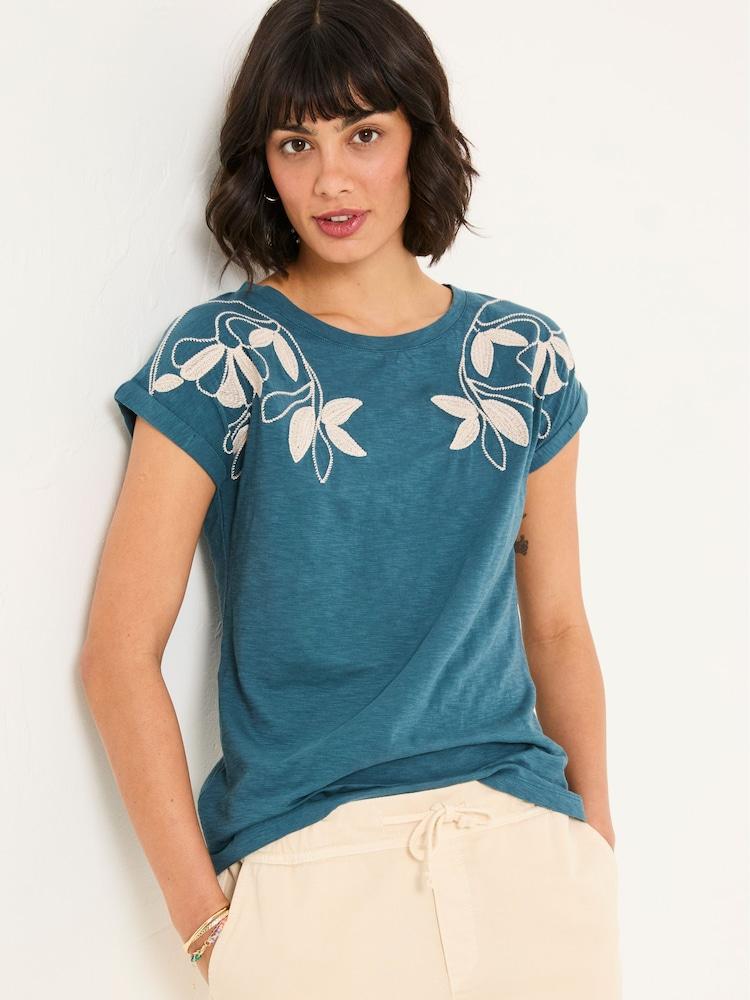 Fat Face Ivy Teal Blue Embroidered T-Shirt