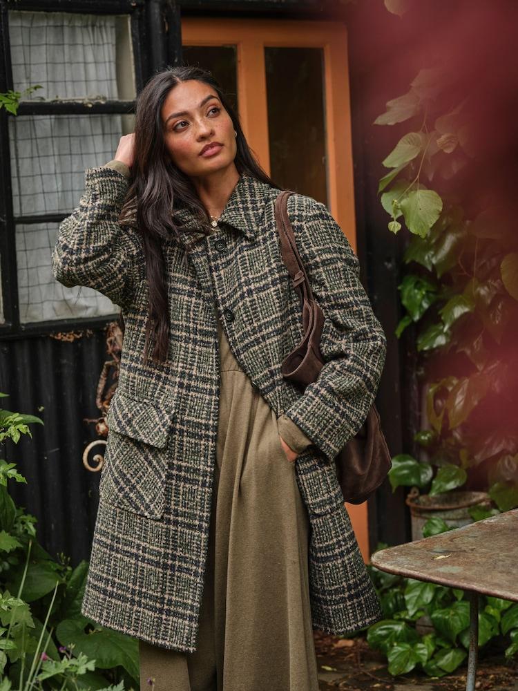 Fat Face Jade Green Check Coat