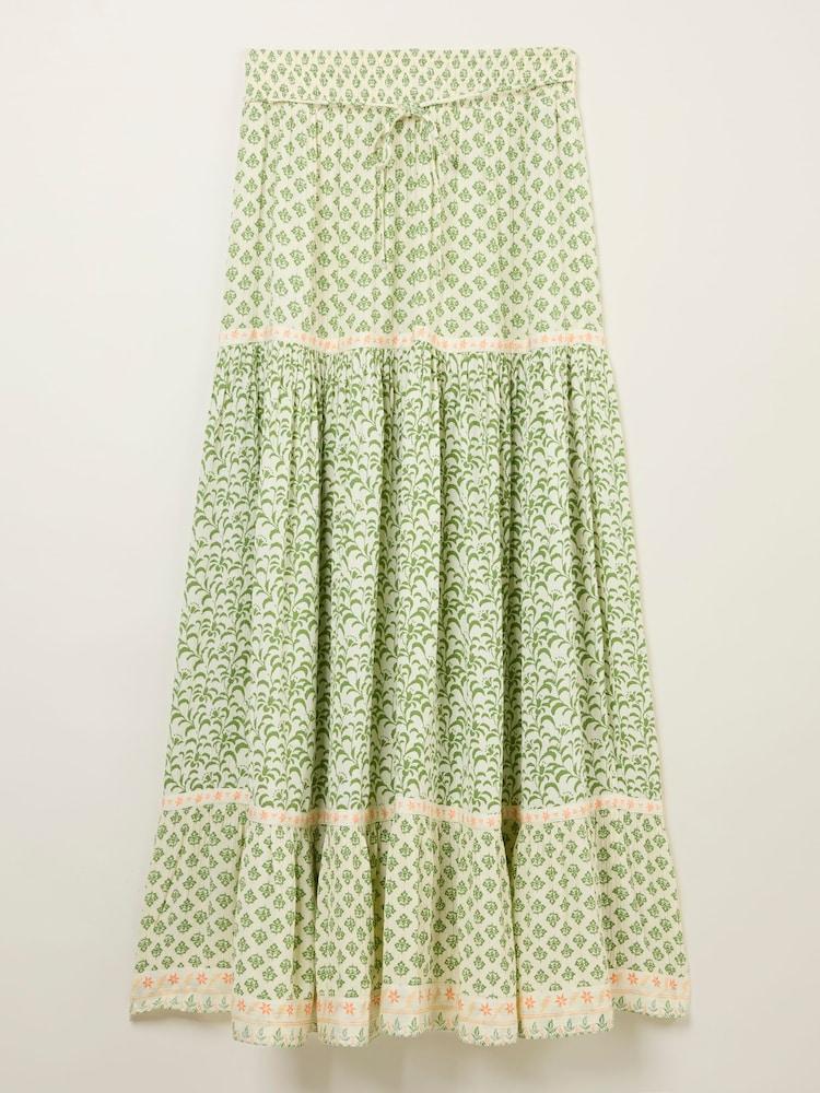 fat face Jayla Mid Green Woodblock Maxi Skirt