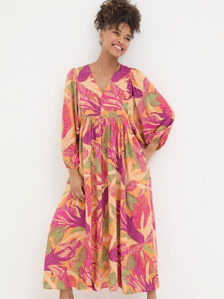 Fat Face Jocelyn Orange Tropical Floral Midi Dress