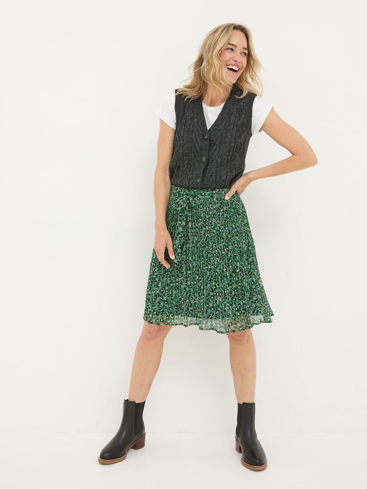 Fat Face Kayleigh Green Floral Marks Pleated Skirt