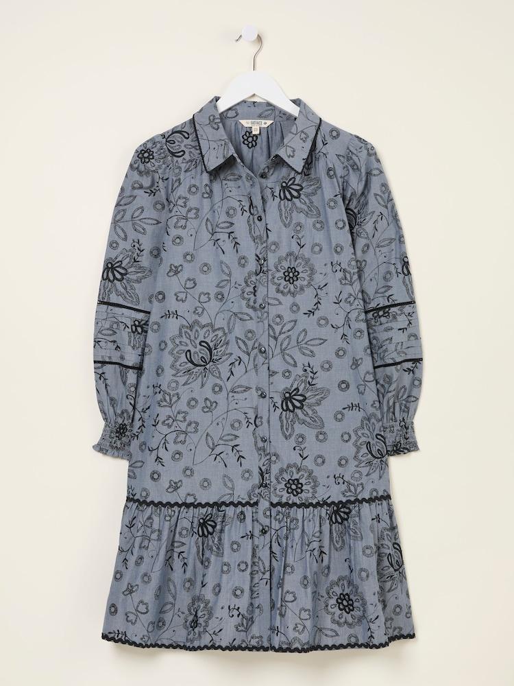 fat face Kitty Chambray Blue Embroidered Dress
