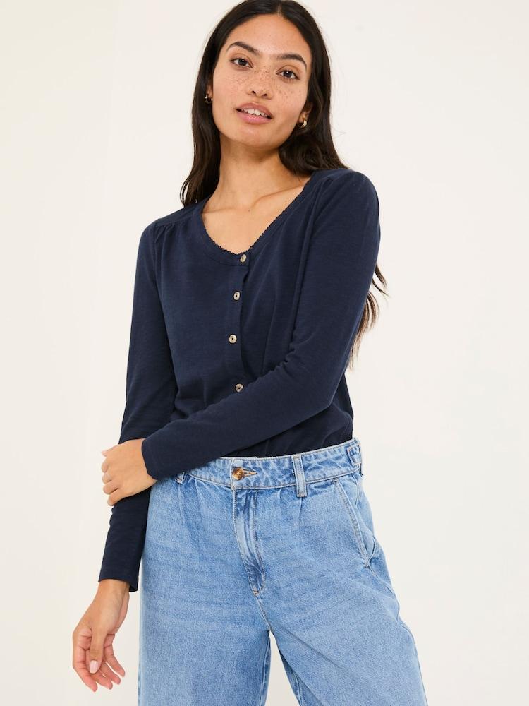 Fat Face Leah Navy Button Through 100% Cotton Top