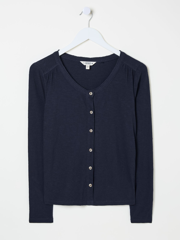 fat face Leah Navy Button Through 100% Cotton Top
