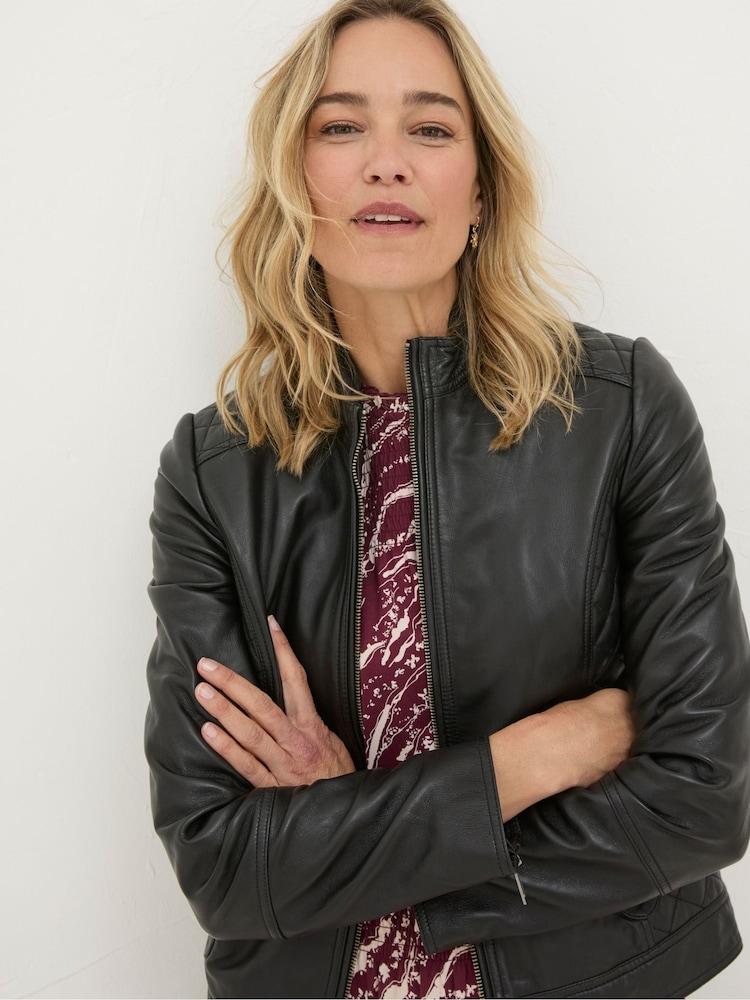 Fat Face Leanna Black Quilted Leather Jacket
