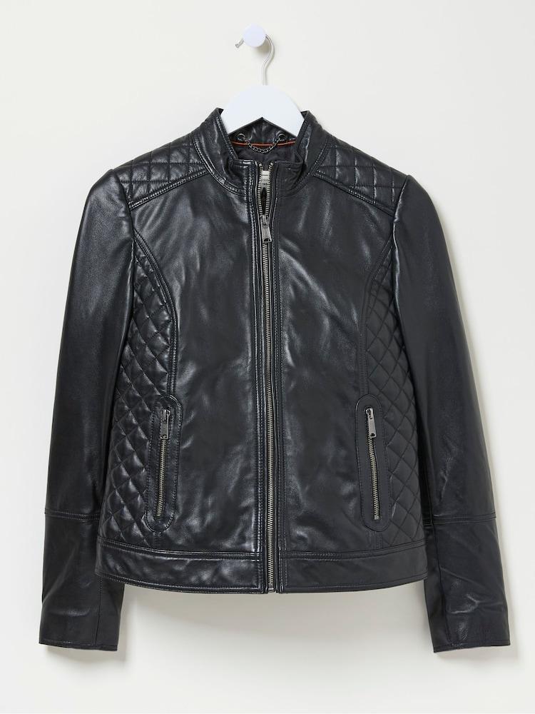 fat face Leanna Black Quilted Leather Jacket