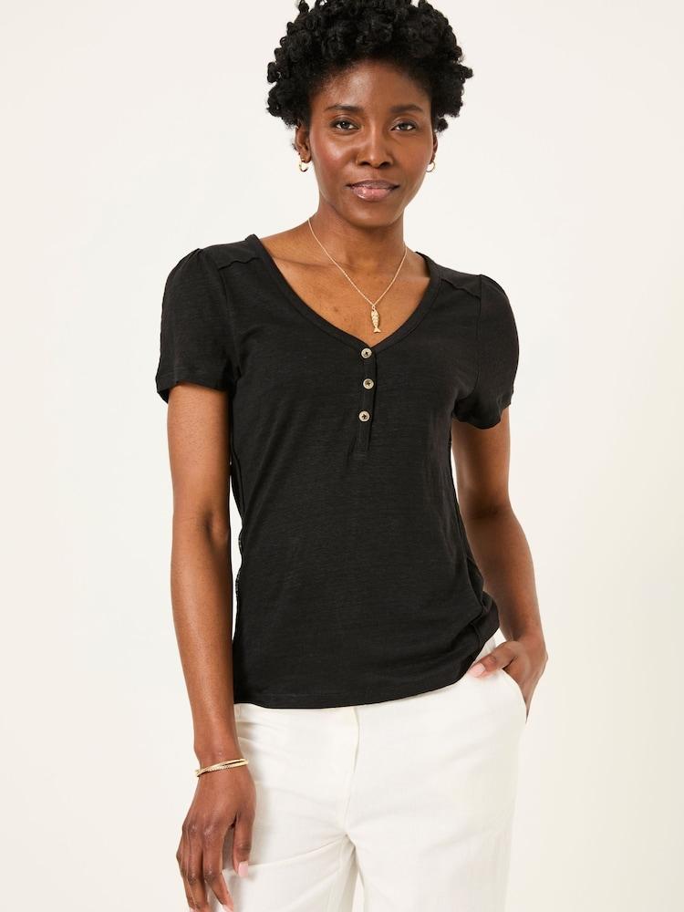 Fat Face Lena Black Linen Henley Top