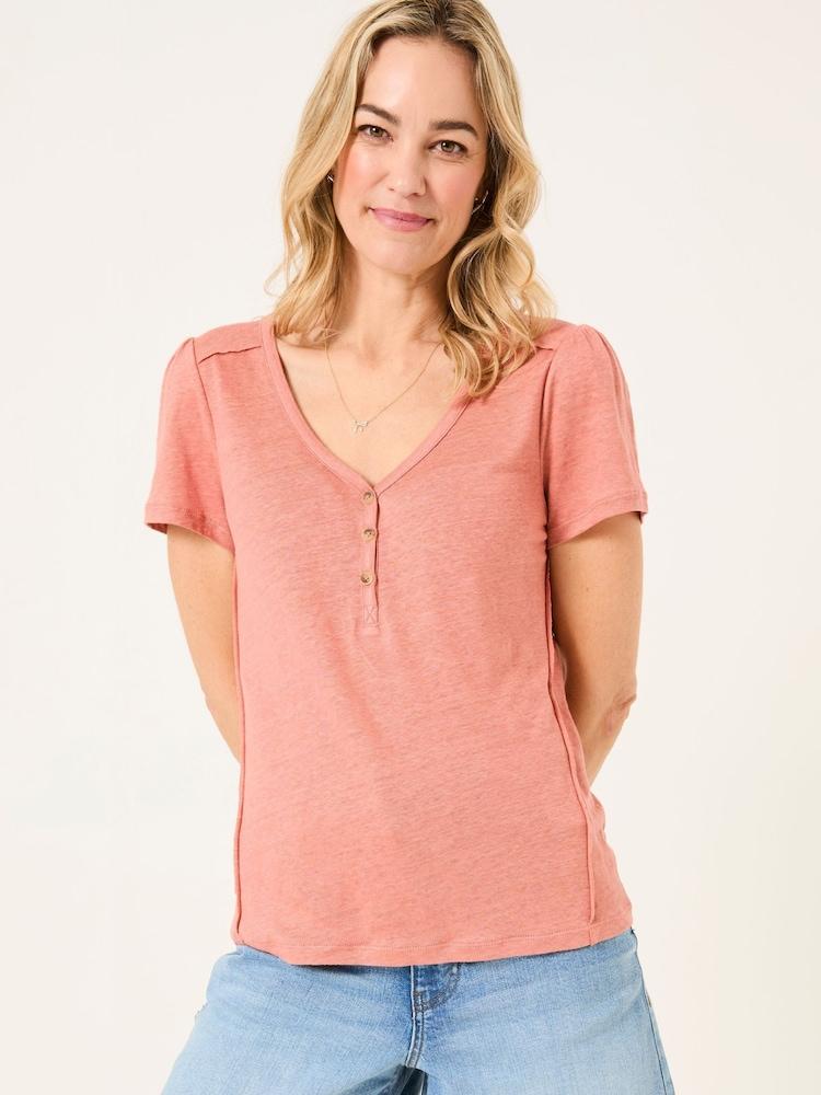 Fat Face Lena Rose Pink Linen Henley Top