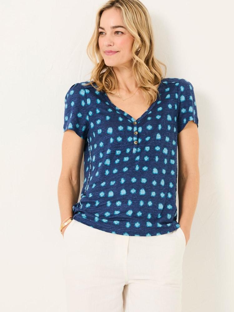 Fat Face Lena Teal Blue Mini Spot Linen Henley Top