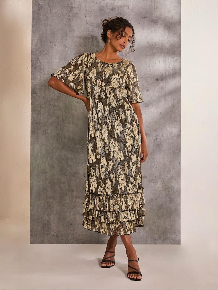 Fat Face Lucia Gold Foil Plisse Maxi Dress