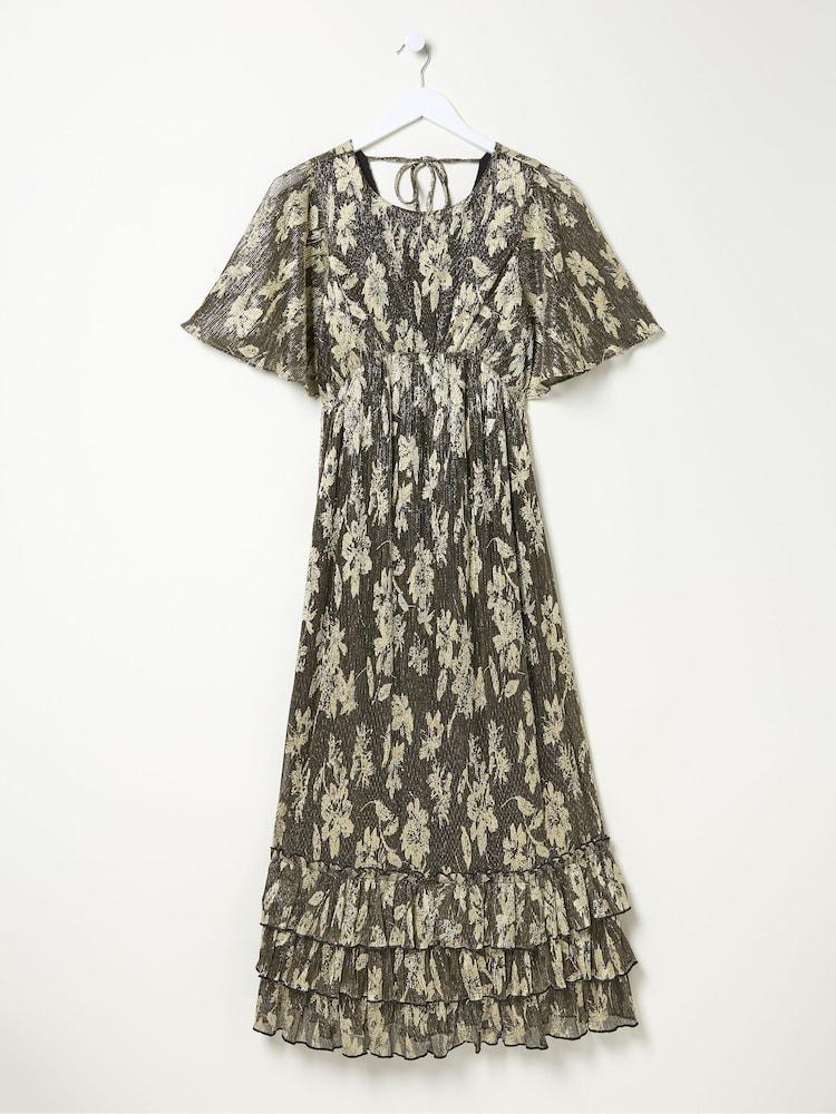 fat face Lucia Gold Foil Plisse Maxi Dress