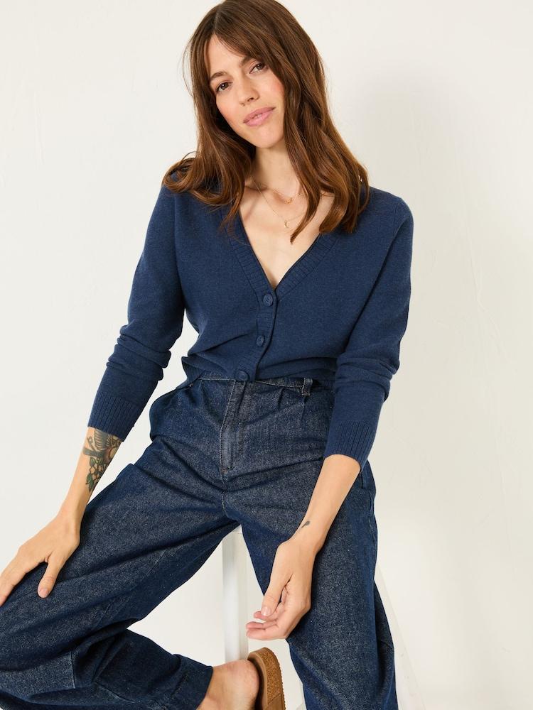 Fat Face Lucia Navy V-Neck Knitted Cardigan