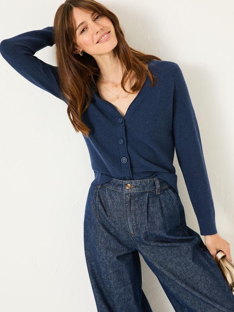 Fat Face Lucia Navy V-Neck Knitted Cardigan