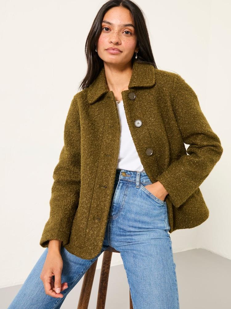 Fat Face Mae Olive Green Boucle Jacket