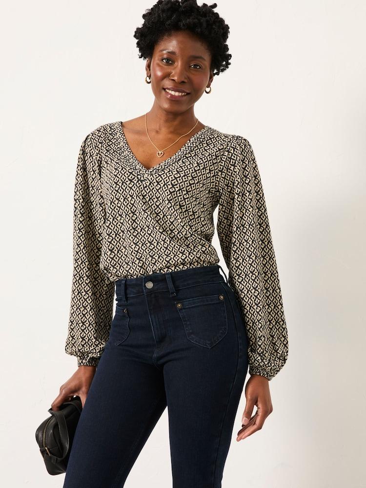 Fat Face Margot Black Ikat Geo V Neck Top