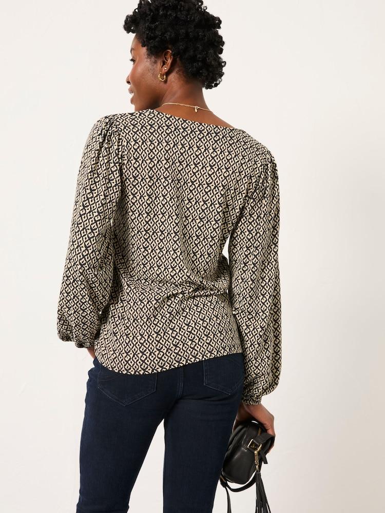 Fat Face Margot Black Ikat Geo V Neck Top