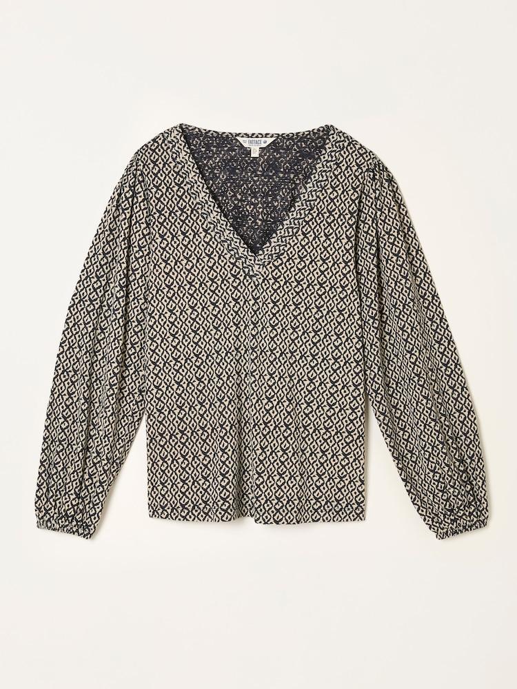 fat face Margot Black Ikat Geo V Neck Top