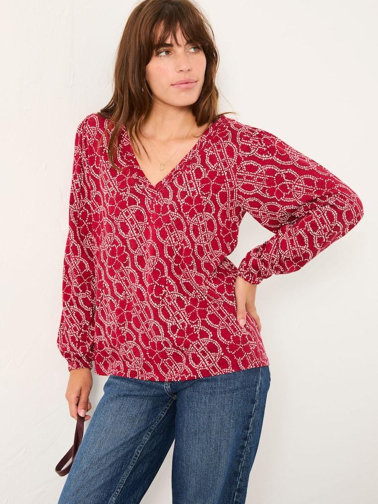 Fat Face Margot Red Texture Floral V Neck Top