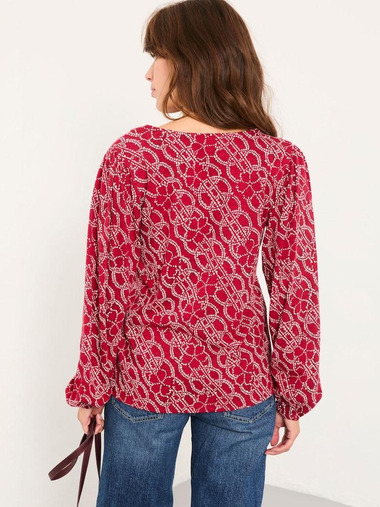 Fat Face Margot Red Texture Floral V Neck Top