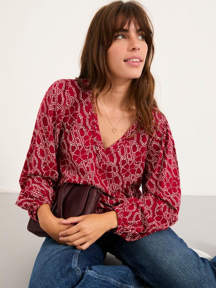 fat face Margot Red Texture Floral V Neck Top