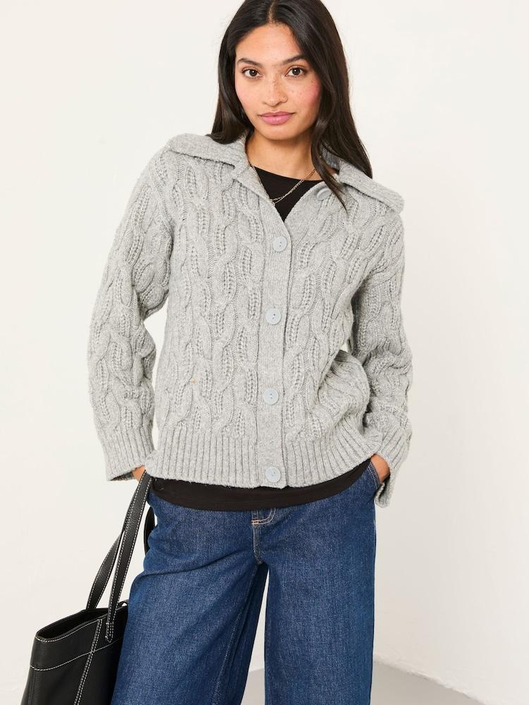 Fat Face Mari Light Grey Collared Knitted Cardigan