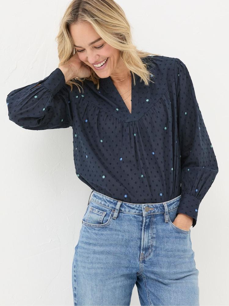 Fat Face Mathilde Blue Embroidered Blouse