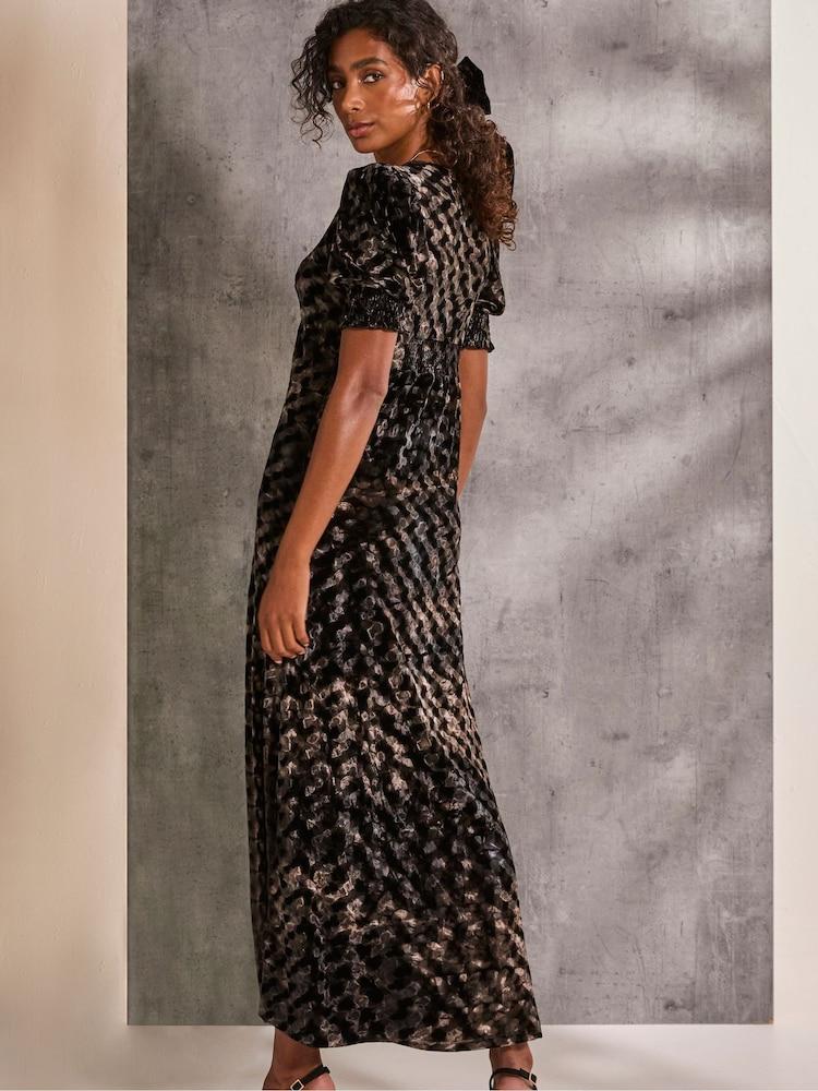 Fat Face Mia Black Hammered Velvet Midi Dress